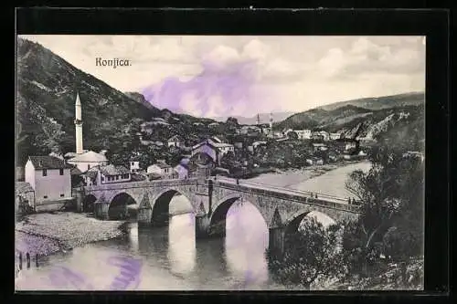 AK Konjic, Ortsansicht mit römischer Brücke über die Narenta