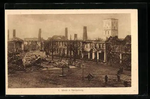 AK Neidenburg, Zerstörte Stadtpartie am Markt