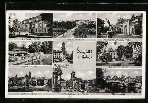 AK Sagan am Bober, Neue Boberbrücke, Herzogliches Schloss, Klein Venedig, Ludwigsgarten und Stadtbad