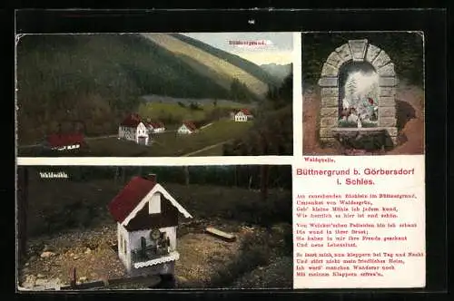 AK Görbersdorf i. Schl., Blick in den Büttnergrund, Waldmühle und Waldquelle