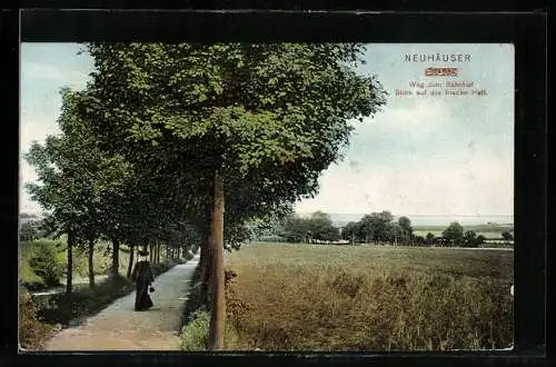 AK Neuhäuser, Weg zum Bahnhof, Blick auf das frische Haff