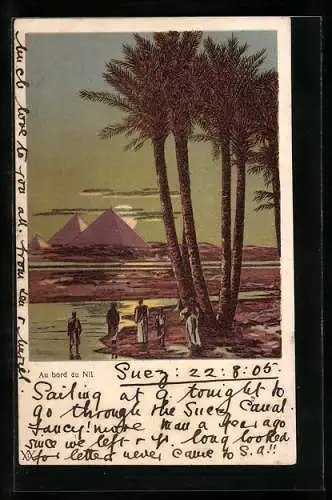 Lithographie Ägypten, Au bord du Nil, Pyramiden