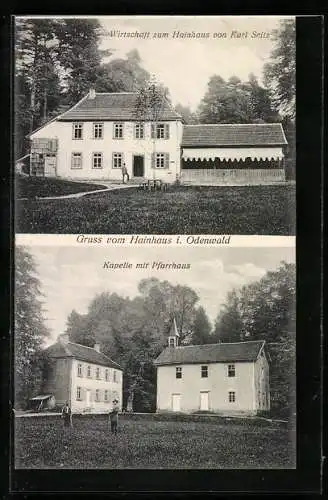 AK Hainhaus / Odenw., Gasthaus zum Hainhaus von Karl Seitz, Kapelle mit Pfarrhaus