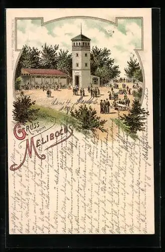 Lithographie Auerbach / Odenwald, Aussichtsturm auf dem Melibocus
