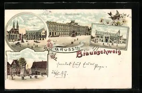 Lithographie Braunschweig, Burg Dankwarderode, Residenz-Schloss, Altstadtmarkt