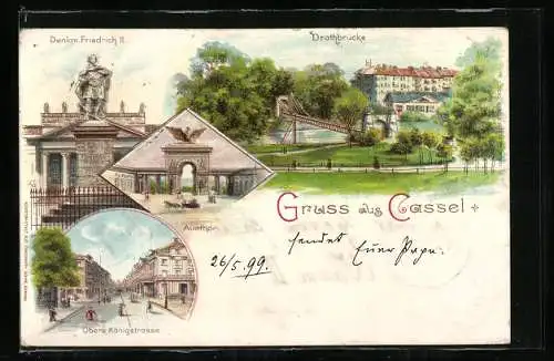 Lithographie Kassel, Blick in die obere Königstrasse mit Passanten, Drahtbrücke, Denkmal Friedrich II.