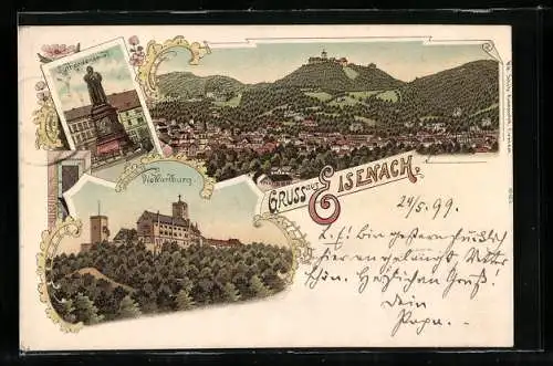 Lithographie Eisenach, Ortsansicht, Wartburg und Lutherdenkmal
