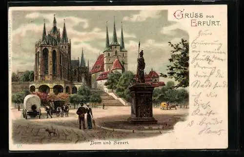 Lithographie Erfurt, Ansicht vom Dom und Severikirche