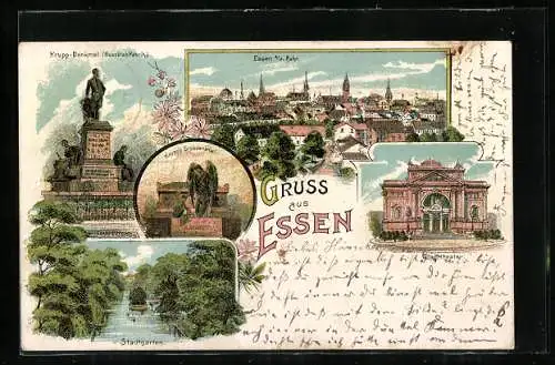 Lithographie Essen a. d. Ruhr, Gesamtansicht, Krupps Grabdenkmal, Stadtgarten und Stadttheater
