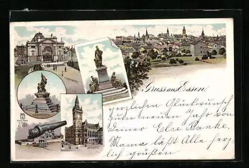 Lithographie Essen, Krupp-Kanone, Stadttheater, Krupp-Denkmal, Rathaus, Ortspartie