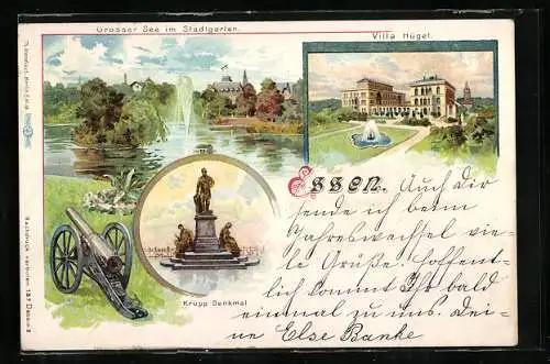 Lithographie Essen, Villa Hügel, Grosser See im Stadtgarten, Krupp Denkmal
