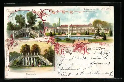 Lithographie Hannover, Schloss Herrenhausen, Grotte, Cascade