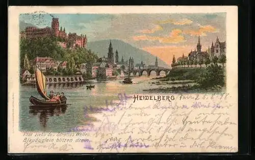 Lithographie Heidelberg / Neckar, Leute im Boot auf Wasser, Brücke