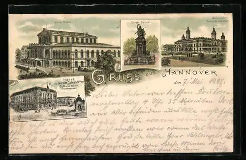 Lithographie Hannover, Kriegerdenkmal, Welfenschloss Techn. Hochschule, Königl. Theater, Hotel z. d. vier Jahreszeiten