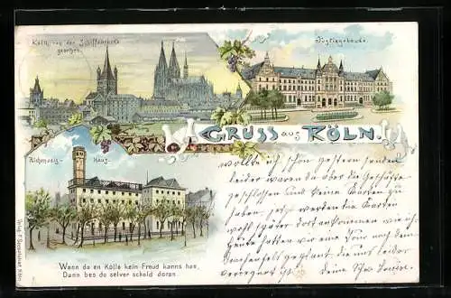 Lithographie Köln, Justizgebäude, Richmodis-Haus, Panorama von der Schiffsbrücke gesehen