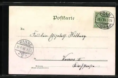 Lithographie Köln, Justizgebäude, Richmodis-Haus, Panorama von der Schiffsbrücke gesehen