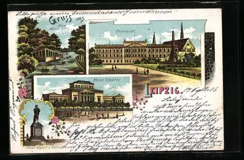 Lithographie Leipzig, Universität und Neues Theater