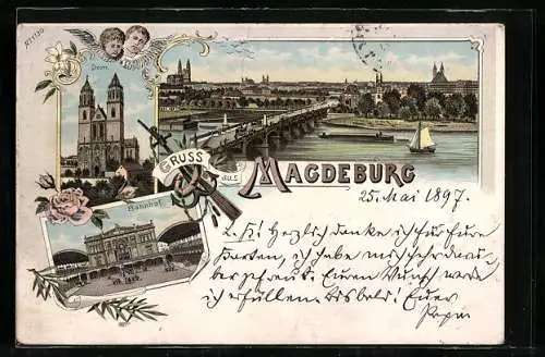 Lithographie Magdeburg, Bahnhof, Dom und Flusspartie mit Brücke