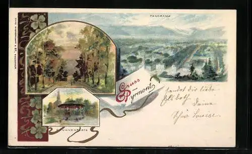 Lithographie Pyrmont, Totalansicht mit Brunnenplatz