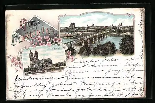 Lithographie Magdeburg, Dom, Flusspartie mit Brücke