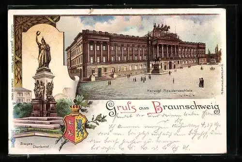 Lithographie Braunschweig, Herzogliches Residenzschloss, Sieges-Denkmal und Wappen