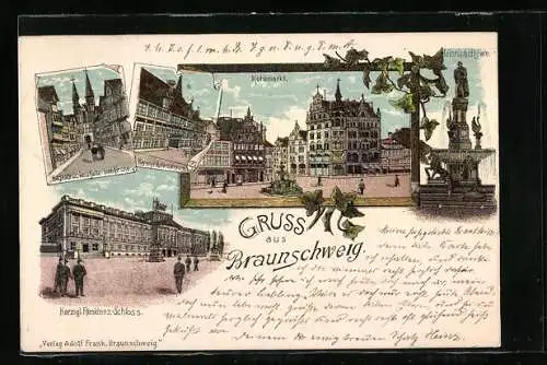 Lithographie Braunschweig, Kohlmarkt, Heinrich d. Löwe Denkmal, Schloss
