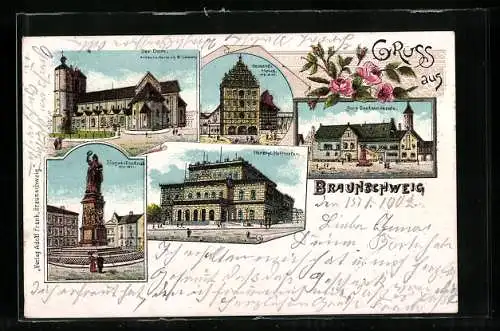 Lithographie Braunschweig, Der Dom, Gewandhaus, Sieges-Denkmal