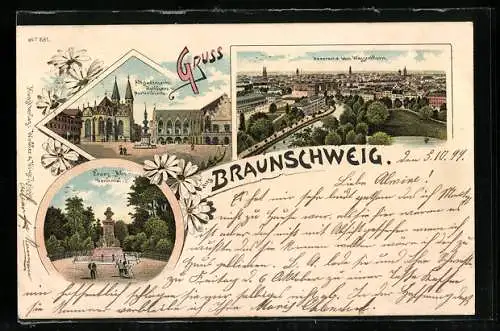 Lithographie Braunschweig, Franz Abt-Denkmal, Altstadtmarkt mit Rathaus u. Martinikirche, Totalansicht
