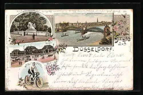 Lithographie Düsseldorf, Bahnhof mit Pferdebahn, Sportler mit Rennrad, Kriegerdenkmal