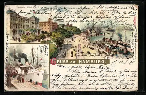 Lithographie Hamburg-St. Pauli, Wiezels Hotel mit Seemannshaus und Seewarte, Hafen mit Landungsbrücken, Cobra
