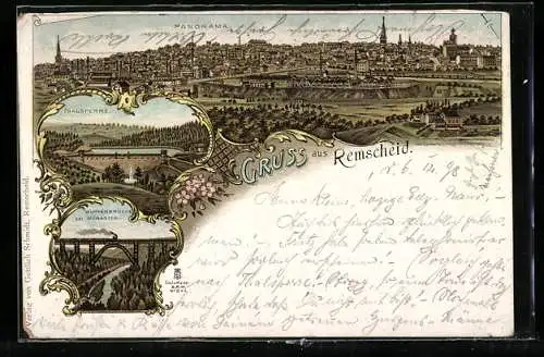 Lithographie Remscheid, Totalansicht, Thausperre und Wupperbrücke bei Müngsten
