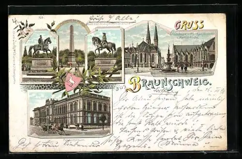 Lithographie Braunschweig, Monument der Herzöge, Polytechnikum, Altstadtmarkt mit Rathaus, Brunnen u. Martinikirche