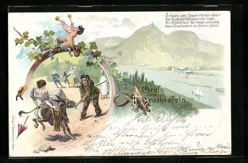 Lithographie Drachenfels, Frau fliegt von Esel, Kind mit Trompete, Drachen