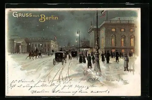 Lithographie Berlin, Königliche Oper an einem verschneiten Winterabend