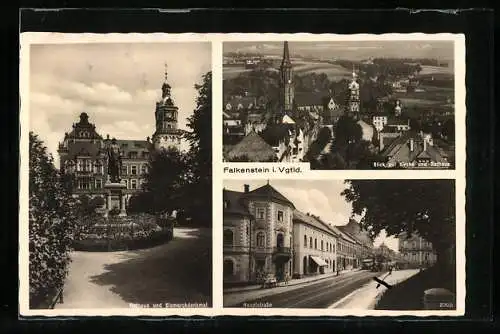 AK Falkenstein / Vogtland, Blick auf Kirche, Rathaus, Hauptstrasse und Bismarcksdenkmal