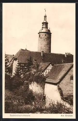 AK Tauberbischofsheim, Partie am Graben mit Blick zum Turm