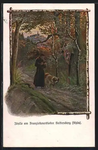 Künstler-AK Volkersberg, Mönch mit Hund am Franziskanerkloster Volkersberg