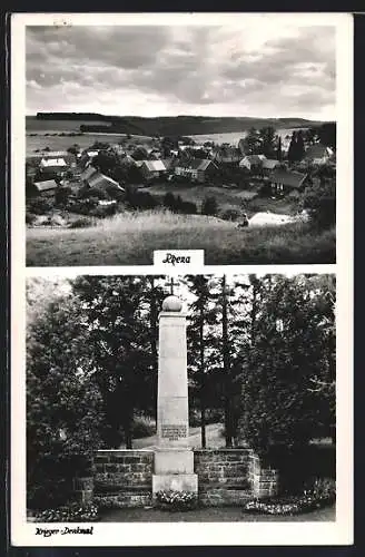AK Rhena, Kriegerdenkmal, Ortsansicht vom Hügel aus