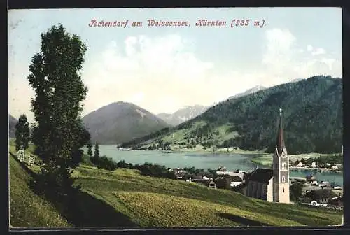 AK Techendorf am Weissensee, Ortsansicht mit See