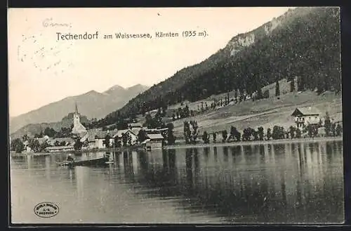 AK Techendorf am Weissensee, Panorama, Ruderboot