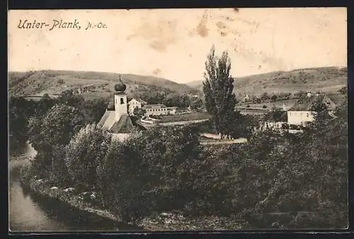 AK Unter-Plank, Blick zum Kirchturm mit Flusspartie