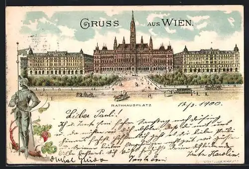 Lithographie Wien, Pferdebahn am Rathausplatz