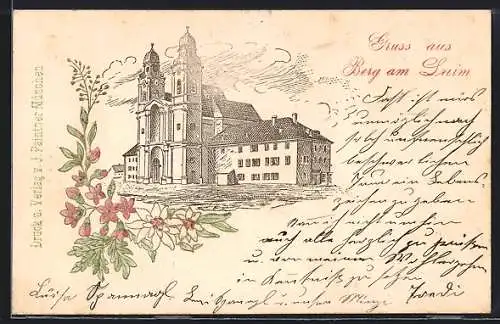 Lithographie Berg am Laim / München, Blick auf die Kirche, florales Passepartout