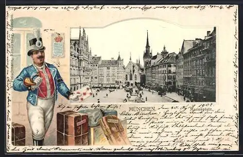 AK München, Blick über den Marienplatz, geprägtes Passepartout mit einem Postboten mit einem Brief