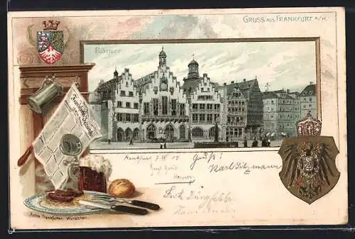 Passepartout-Lithographie Alt-Frankfurt, Römer mit Frankfurter Zeitung und Wappen