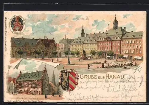 Lithographie Hanau, Altstädter Rathaus mit Marktplatz und Stadtwappen