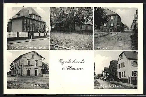 AK Egelsbach i. Hessen, Wilhelm Leuschner Schule, Ernst-Ludwig-Strasse, Bahnhof, katholische Kirche