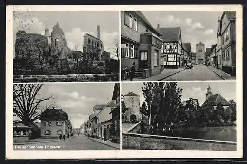 AK Dreieichenhain /Hessen, Häuserruine, Strassenpartien, Gewässer nahe des Torturms