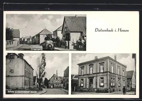 AK Dietzenbach i. Hessen, Ortseingang, Schule und Darmstädter Strasse, Rathaus