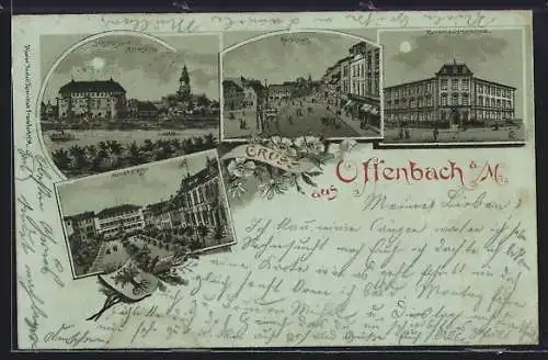 Mondschein-Lithographie Offenbach a. M., Schloss, Marktplatz, Kunstgewerbeschule, Alicenplatz
